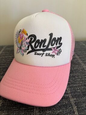 Ron Jon Pink and White Surf Shop Trucker Hat with Tropical Graphic